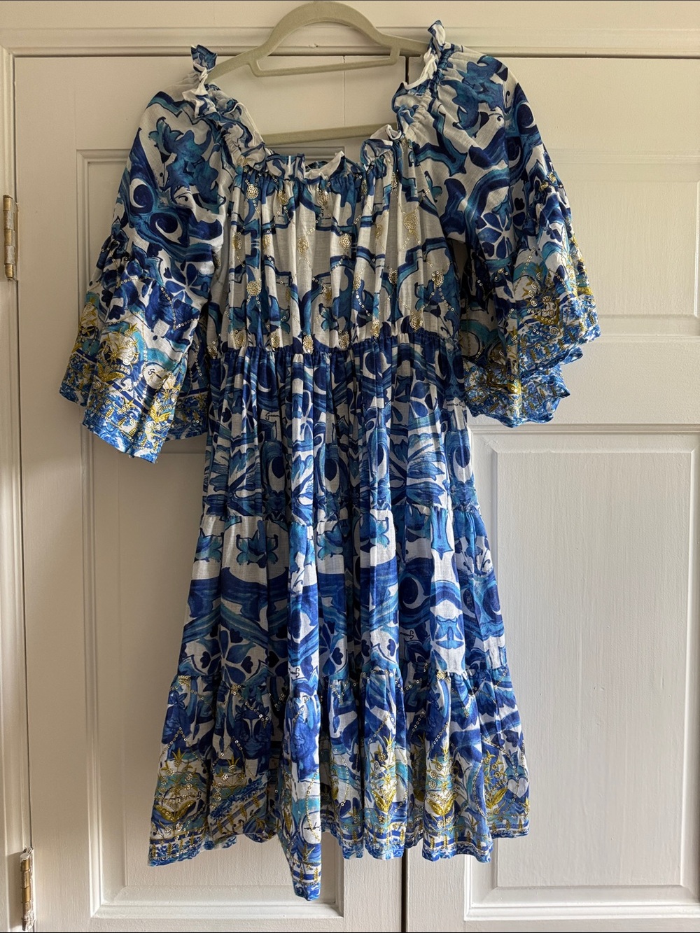 Antica Sartoria Blue & White Floral Smocked Tiered Dress